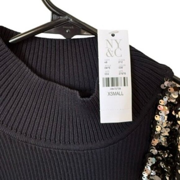 NY&Co Asymmetrical Sequin Ruffle Knit Top Black Silver XS - Picture 2 of 3